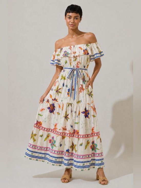 Sugarlips Dresses & Skirts - NWT SugarLips Miraflor Off Shoulder Linen Blend Floral Maxi Dress Belted Sz S
